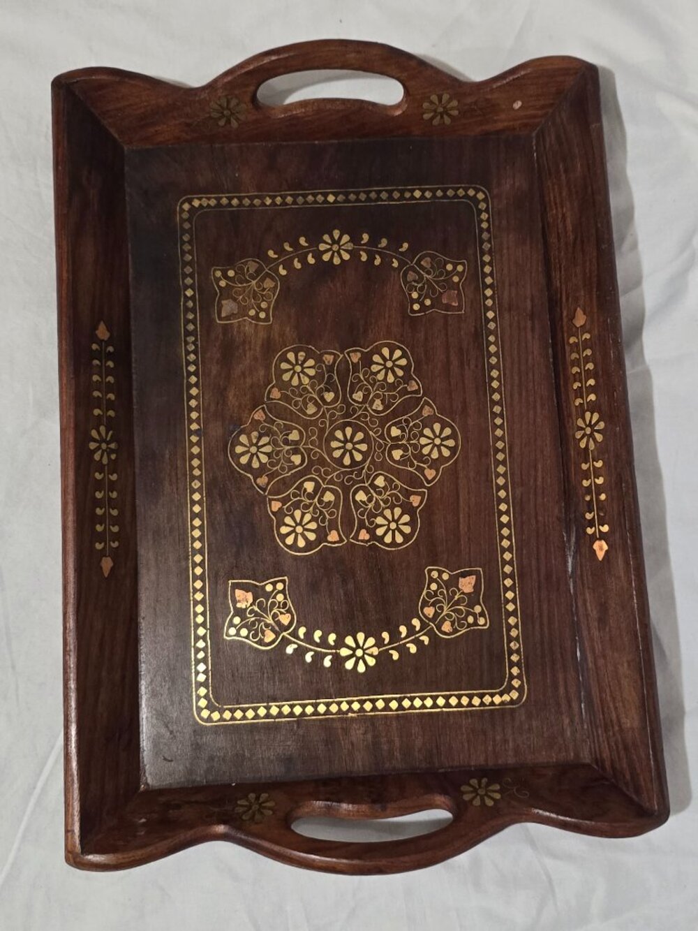 Vtg Handcrafted Wood and Brass Copper Inlay 2 Handled Serving Tray